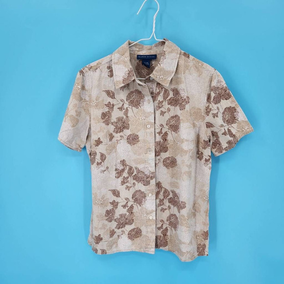 Karen Scott Womens Button Front Shirt Brown Floral Short Sleeve Collar Slit Sz M - Picture 1 of 8